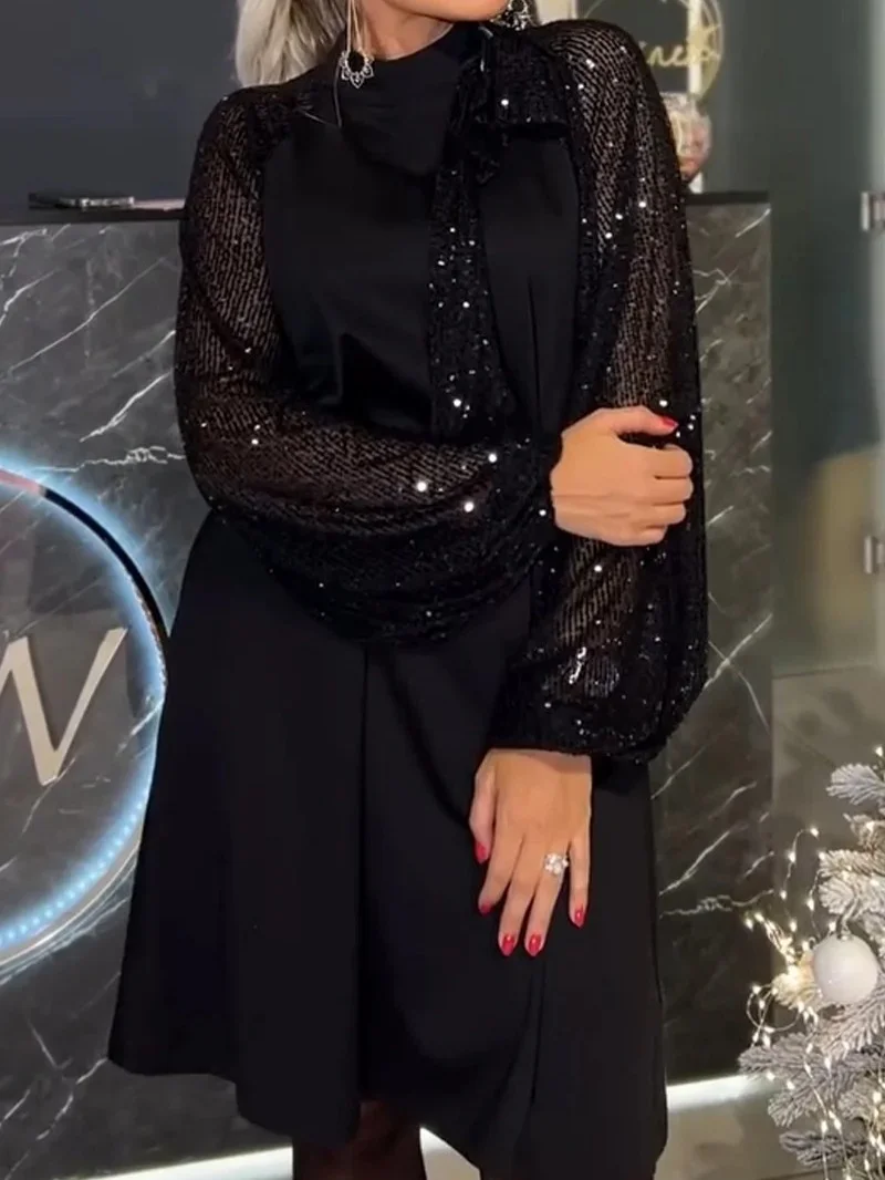 Women Plain Spring/Fall Split Joint Dress Crew Neck Long Sleeve Sequin A-Line Dress