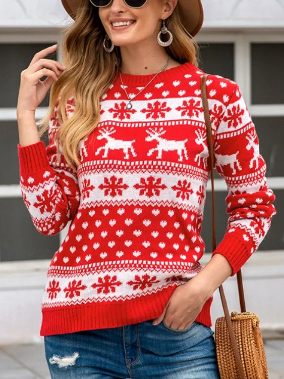 Women Snowflake Long Sleeve Comfy Casual Printing Sweater