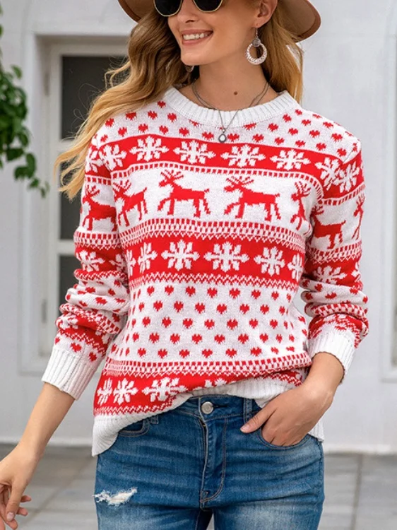 Women Snowflake Long Sleeve Comfy Casual Printing Sweater