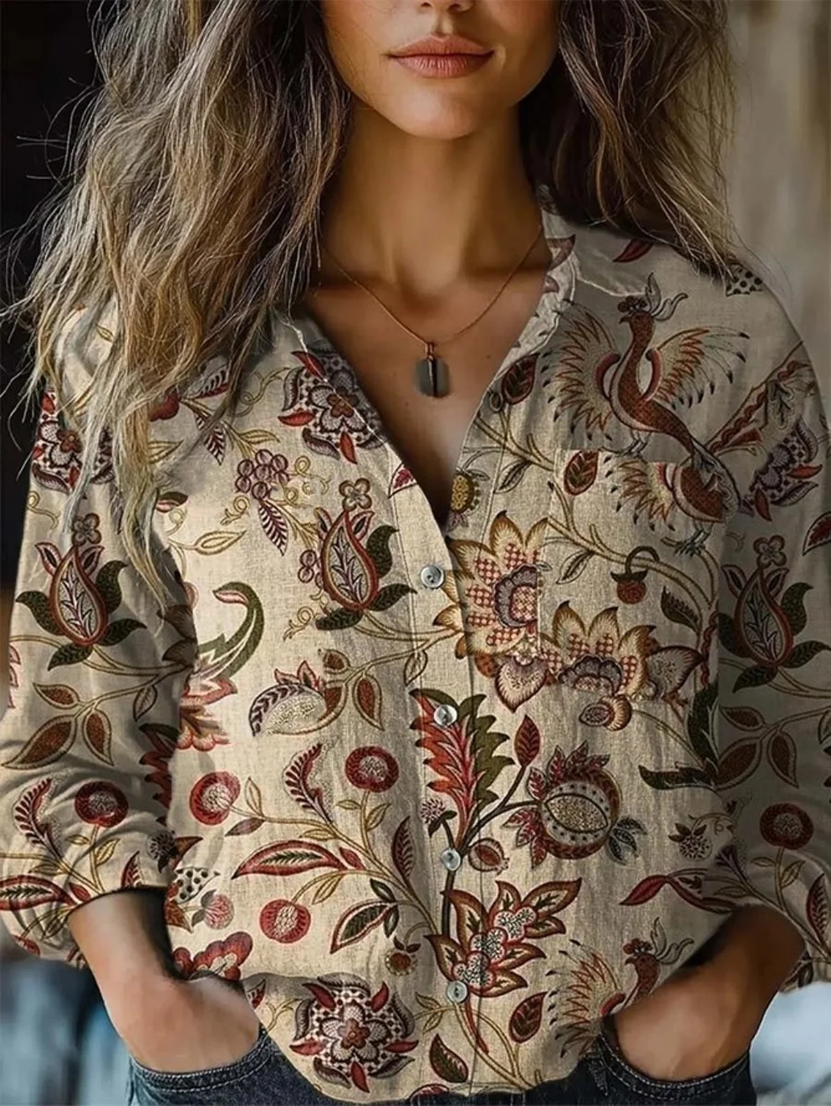 Shawl Collar Long Sleeve 3D Printing Regular Micro-Elasticity Loose Shirt For Women