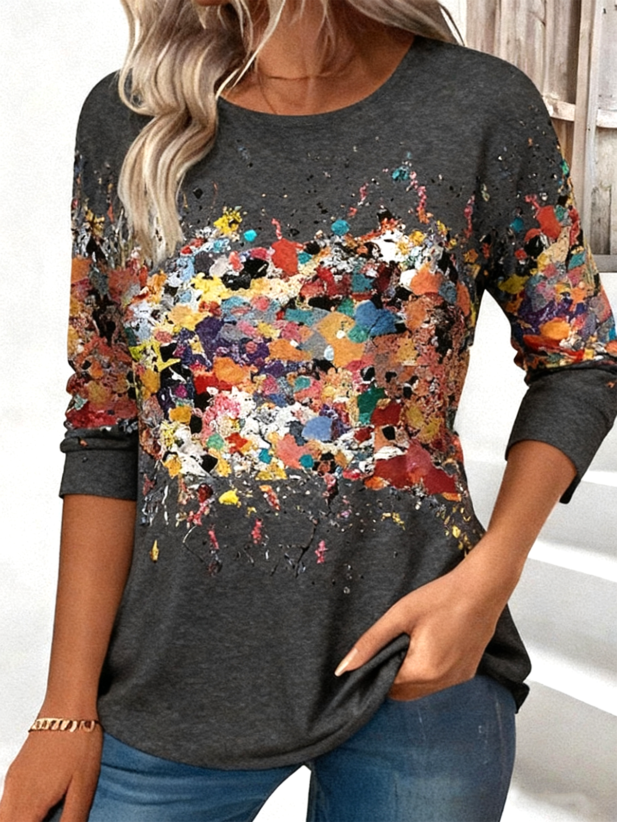 Vintage Floral Printing Crew Neck Long Sleeve T-shirt