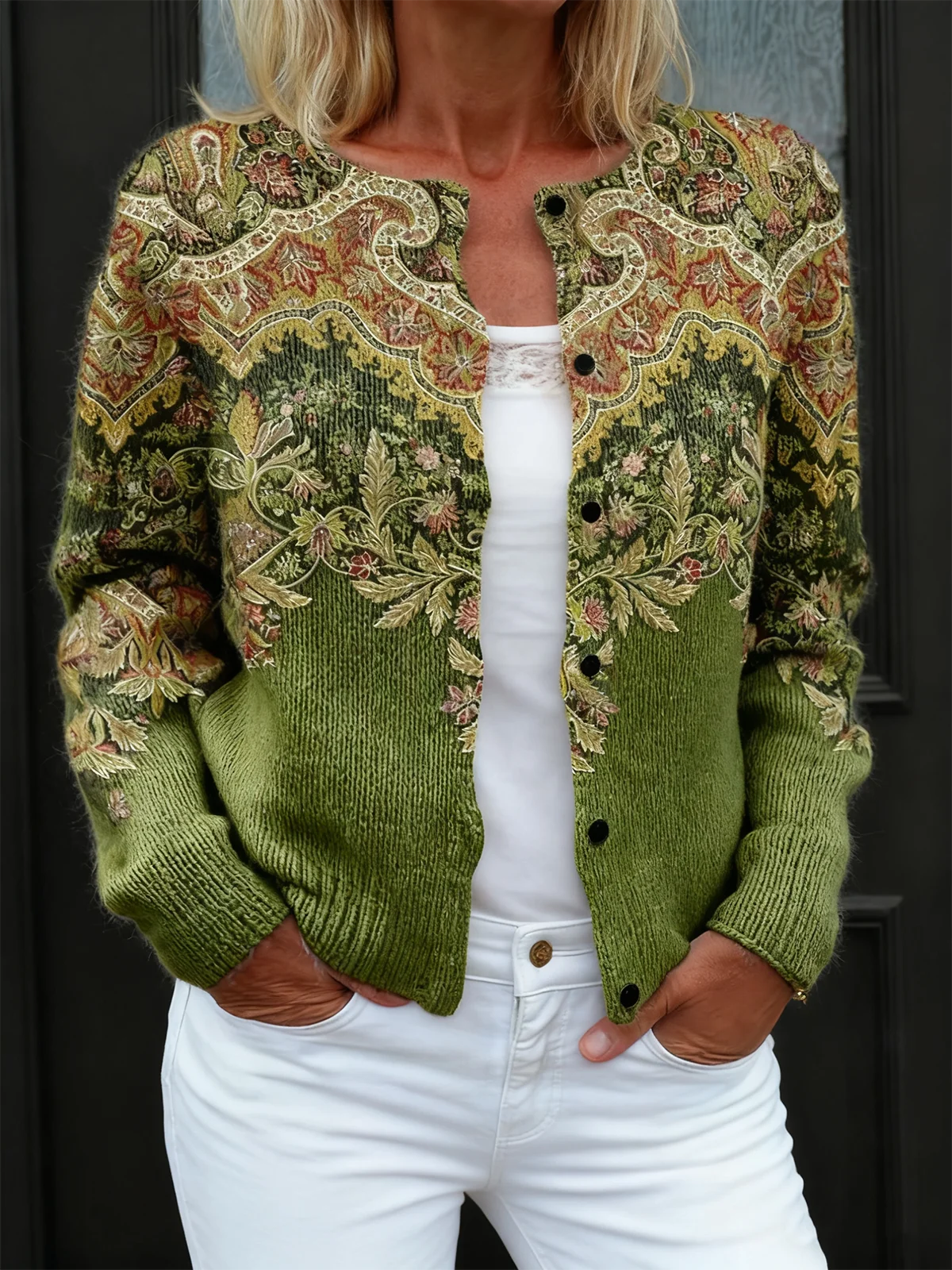 Women Knitted Geometric Long Sleeve Comfy Vintage Cardigan