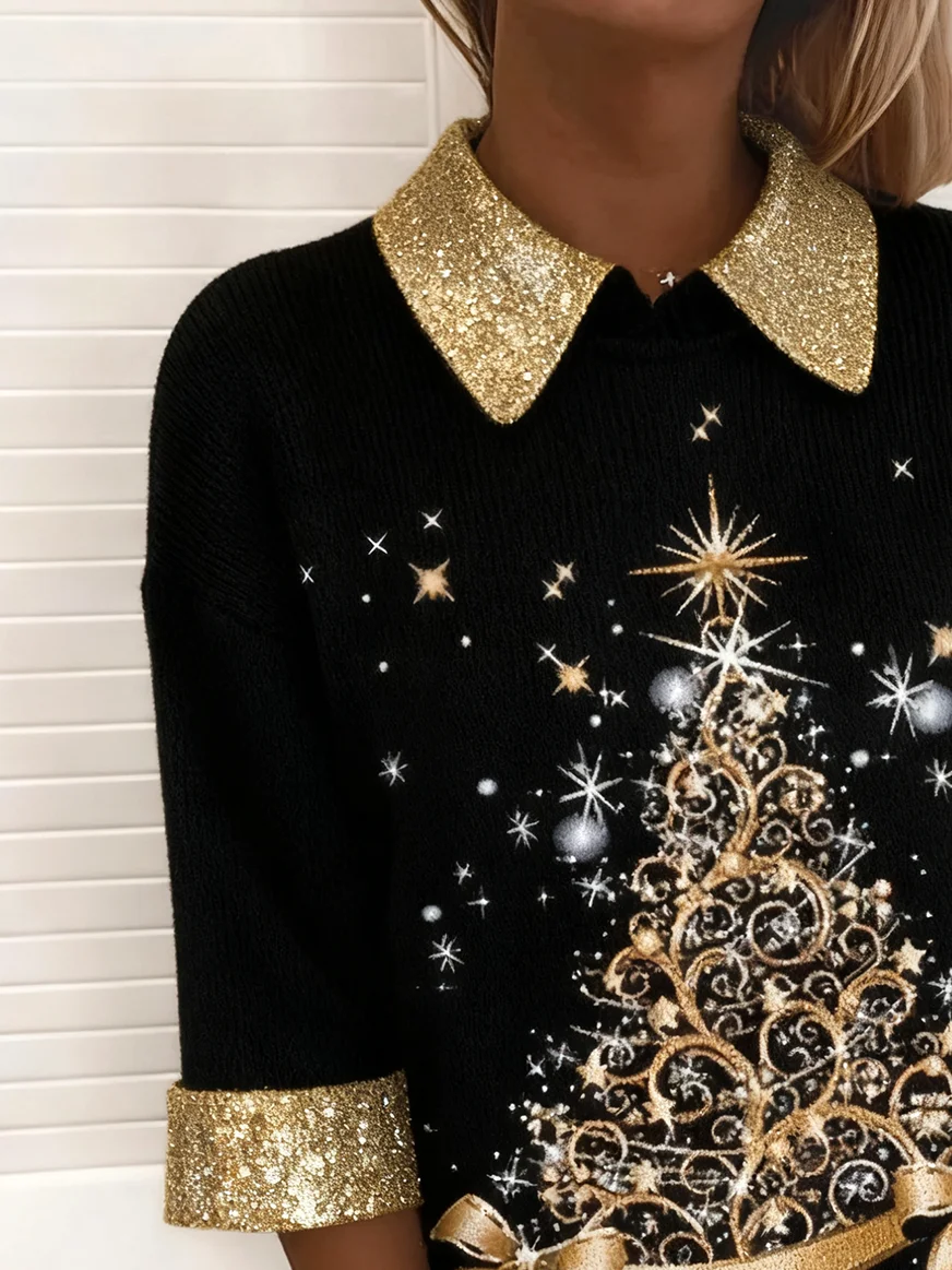 Women Knitted Christmas Three Quarter Sleeve Comfy Vintage Sweater