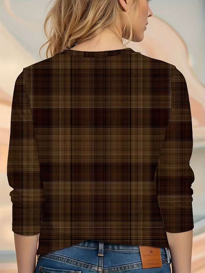 Casual Plaid Crew Neck Long Sleeve T-shirt