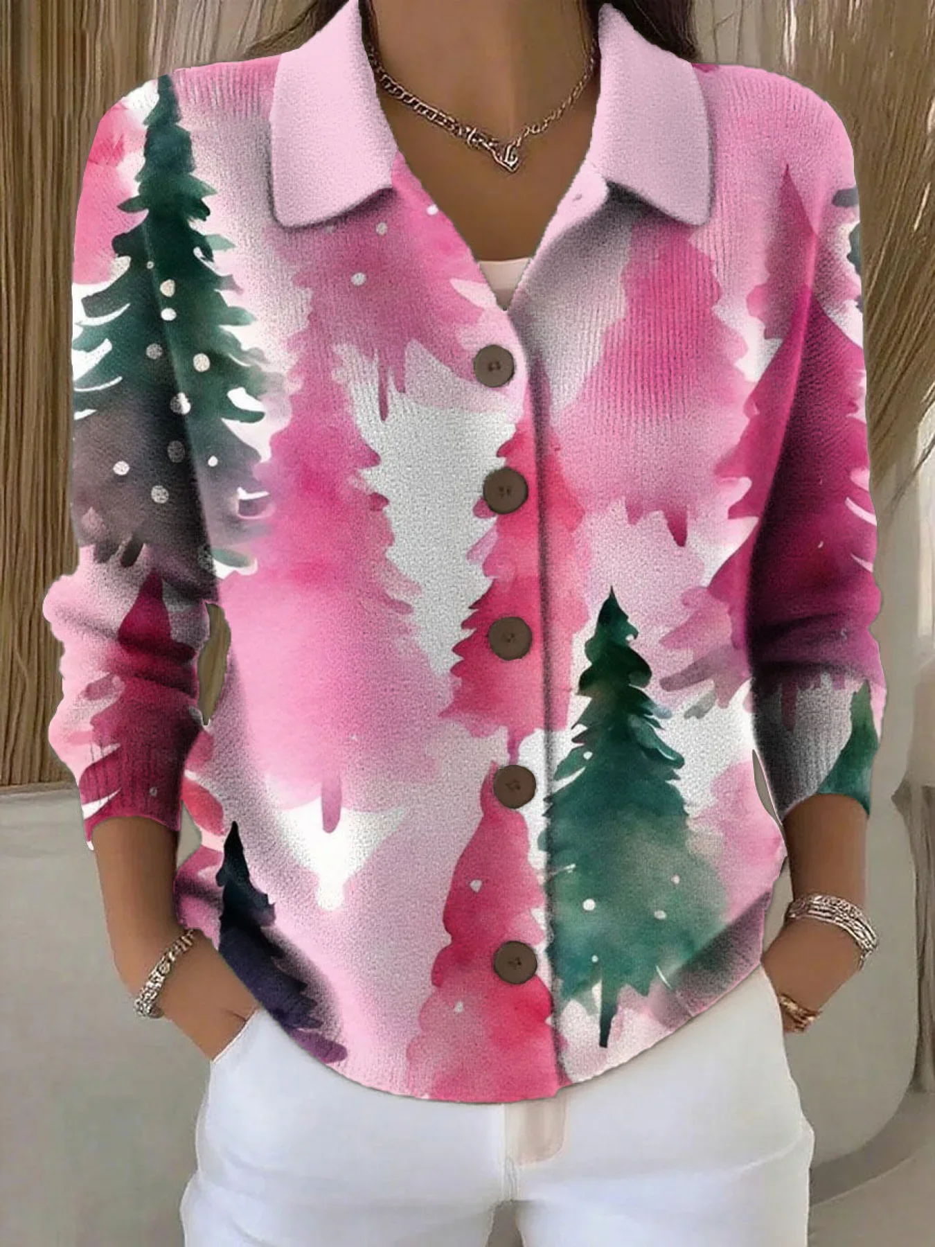 Women Christmas Long Sleeve Comfy Vintage Printing Cardigan
