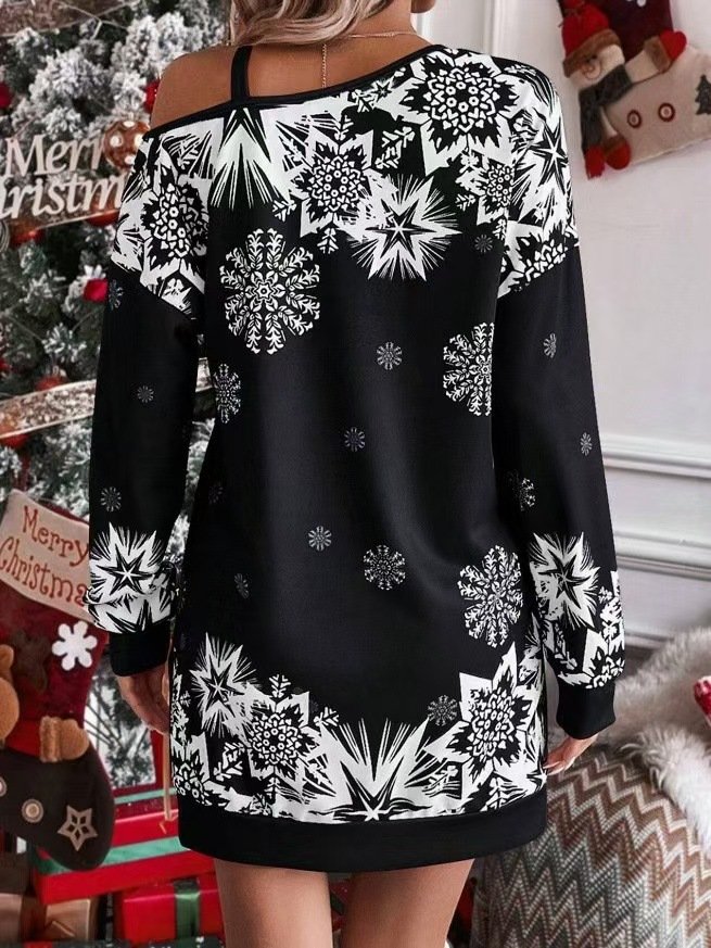 Women Christmas Spring/Fall Printing Dress Cold Shoulder Long Sleeve Hip Skirt A-Line Dress