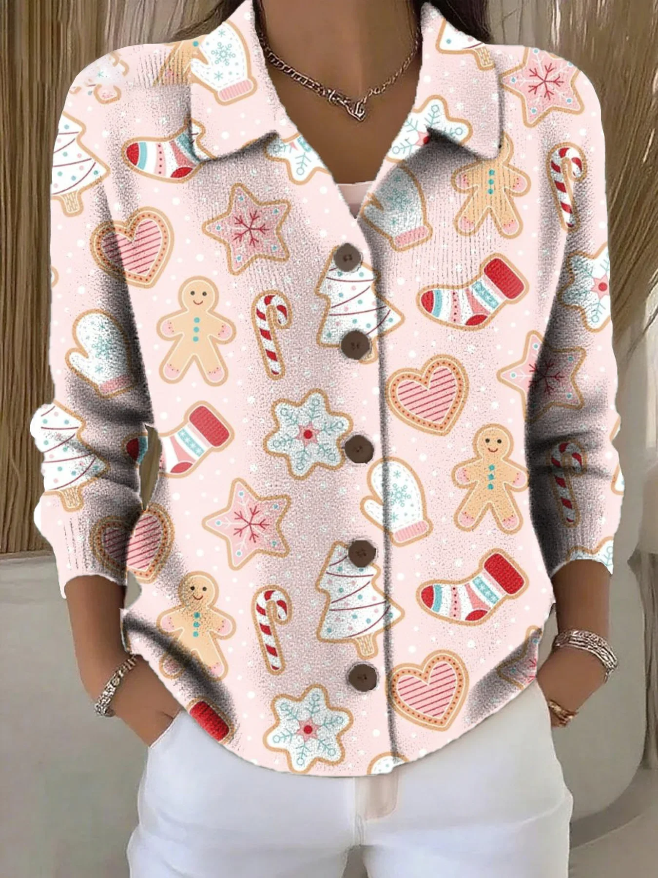 Women Christmas Long Sleeve Comfy Vintage Printing Cardigan