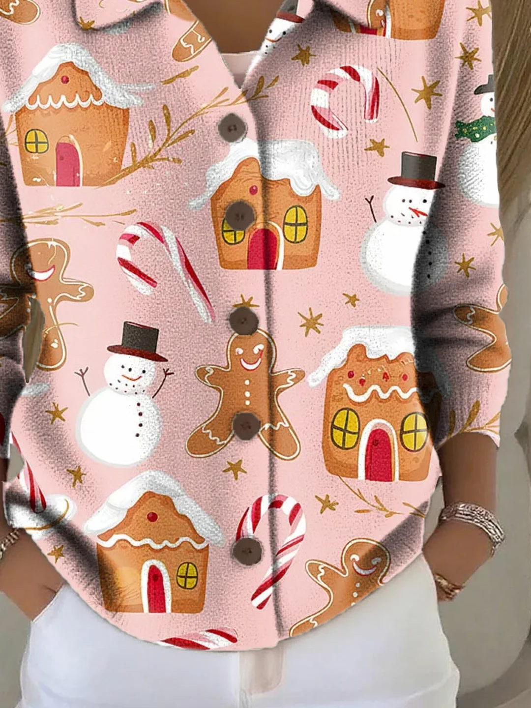 Women Christmas Snowman Long Sleeve Comfy Vintage Printing Cardigan