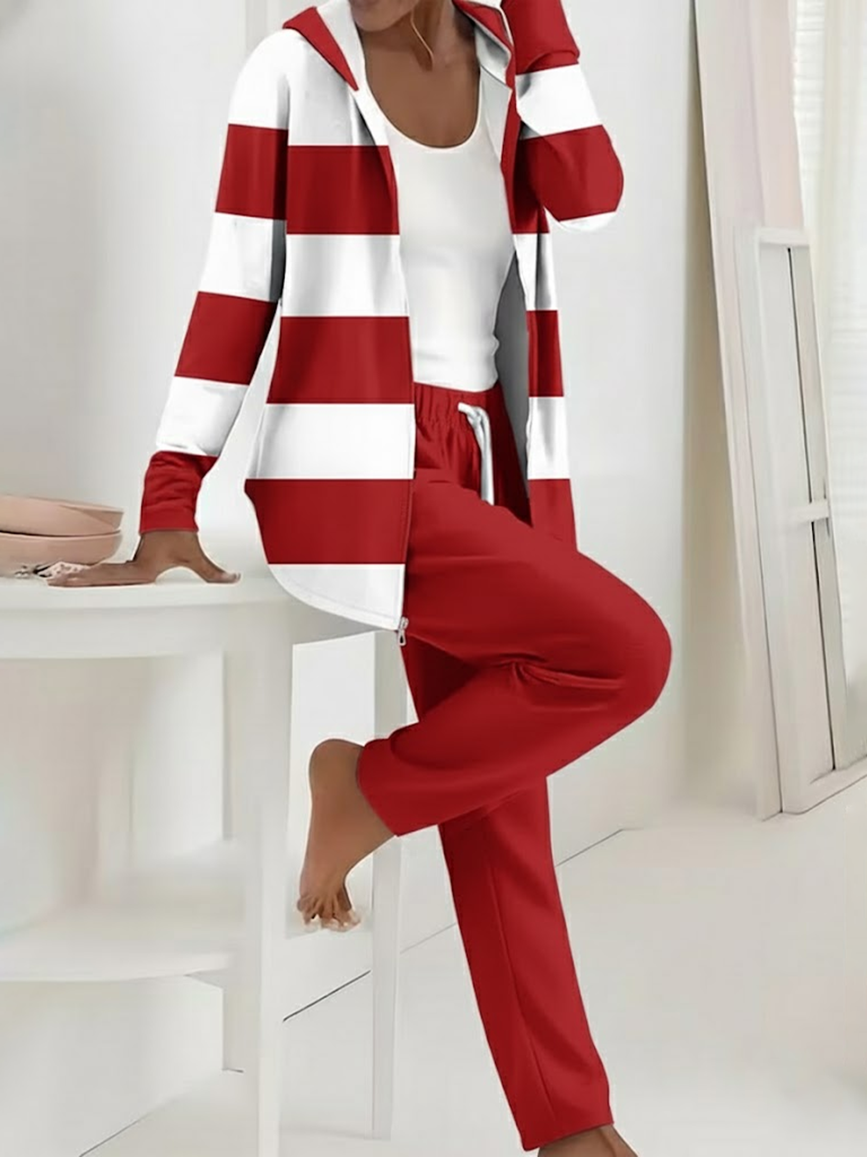 Women Striped Printing Two-Piece Set Daily Long Sleeve Casual Spring/Fall Coat With Pants Matching Set