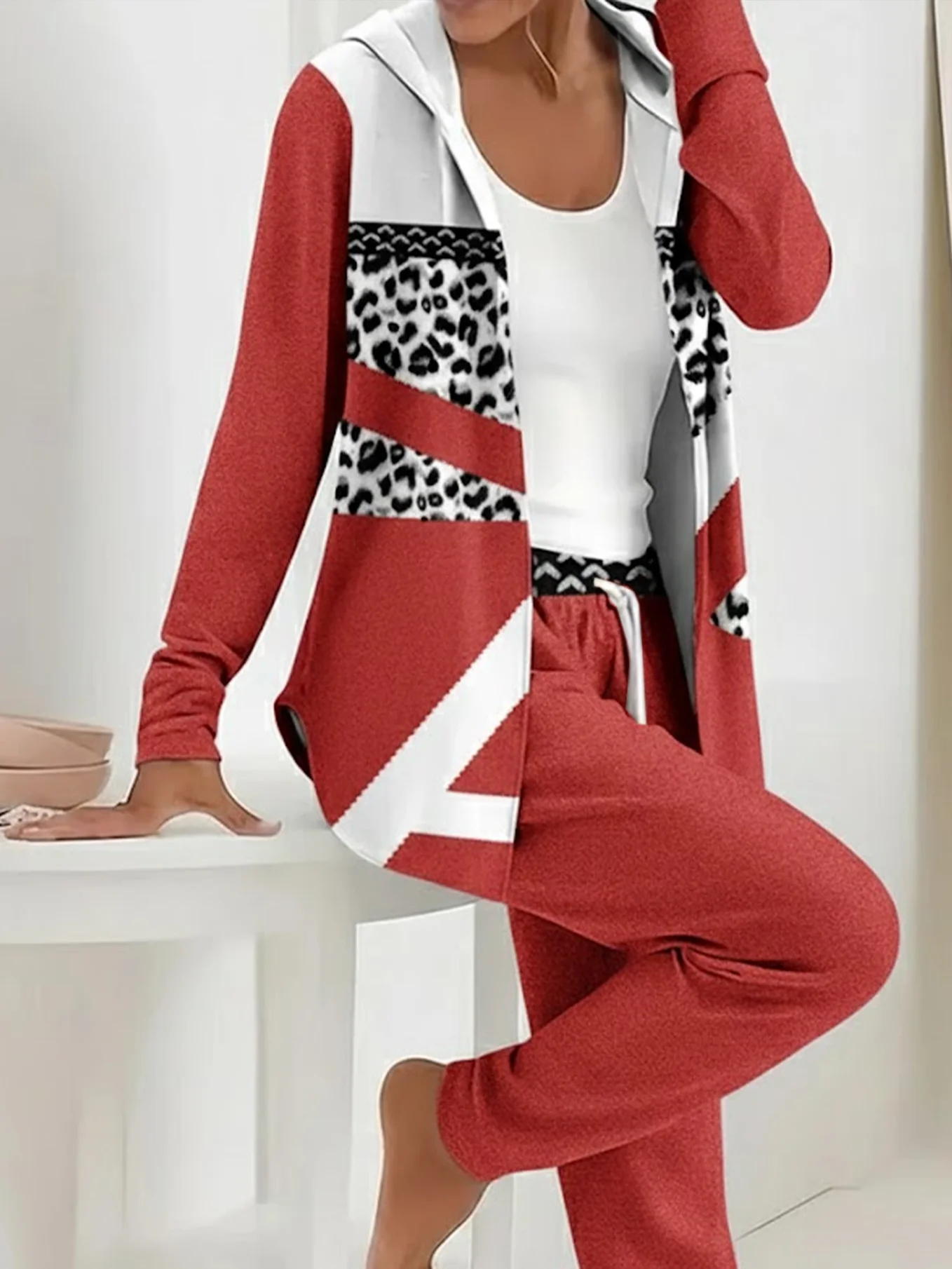 Women Abstract Printing Two-Piece Set Daily Long Sleeve Casual Spring/Fall Coat With Pants Matching Set