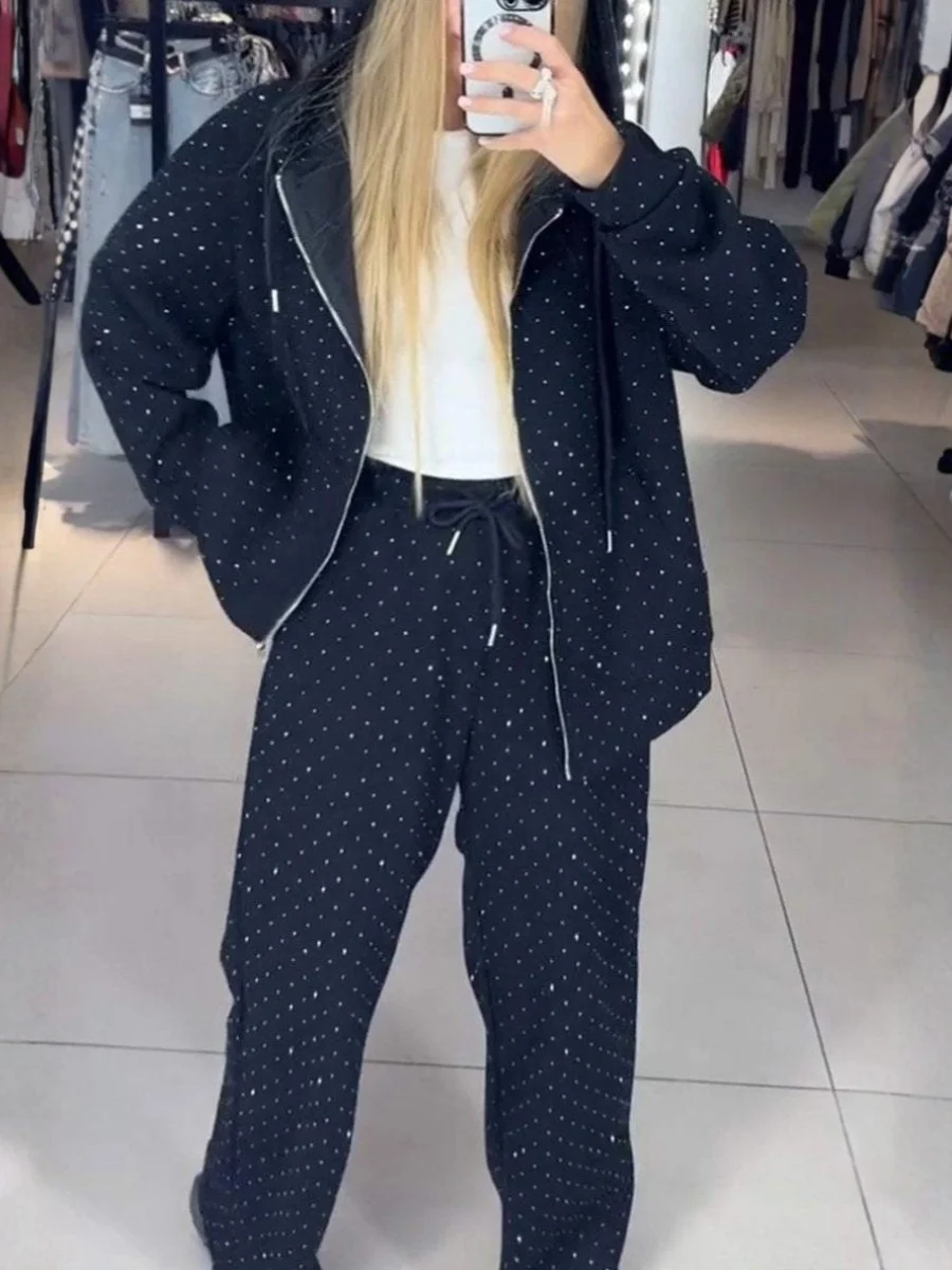 Women Plain Split Joint Two-Piece Set Daily Long Sleeve Casual Spring/Fall Top With Pants Matching Set