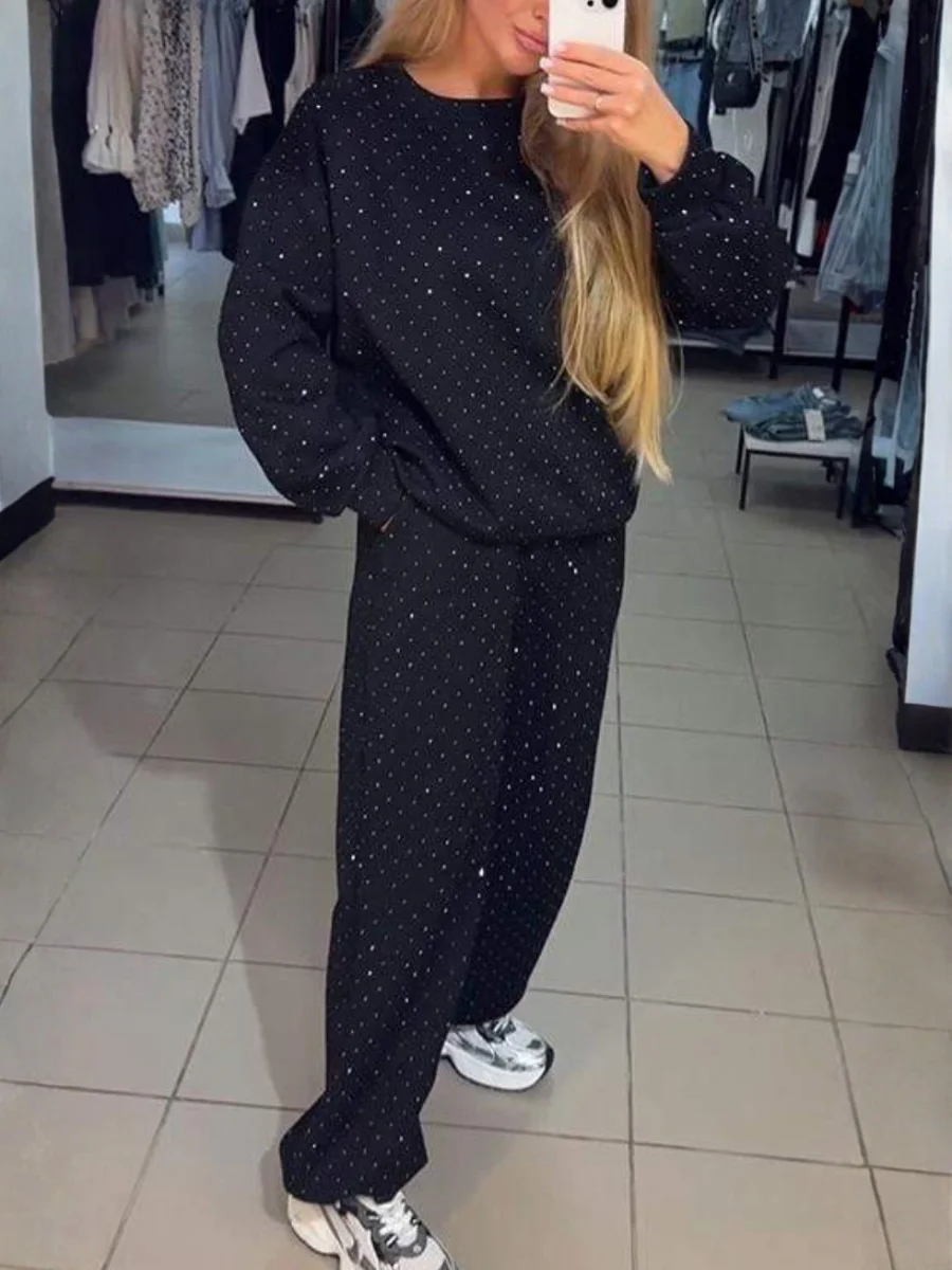 Women Plain Split Joint Two-Piece Set Daily Long Sleeve Casual Spring/Fall Top With Pants Matching Set