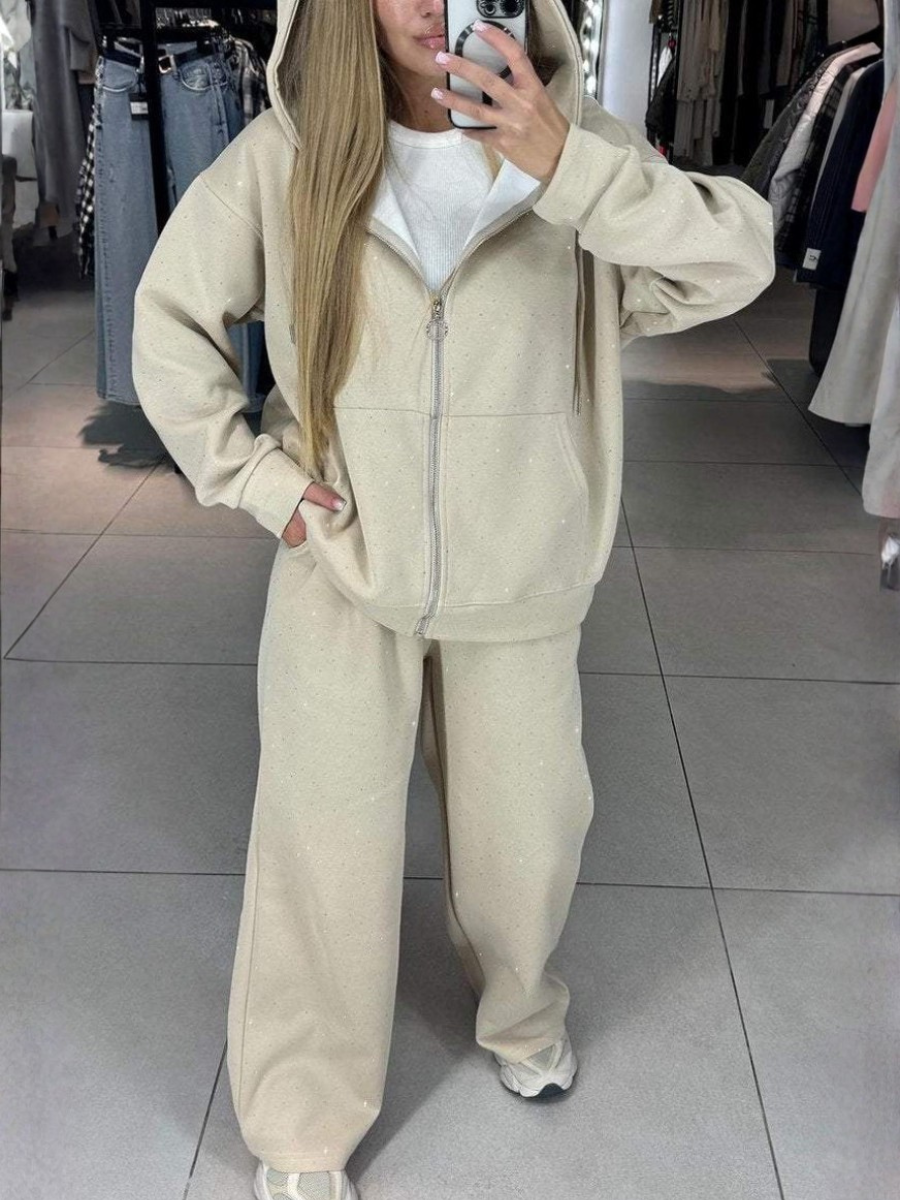 Women Plain Split Joint Two-Piece Set Daily Long Sleeve Casual Spring/Fall Top With Pants Matching Set