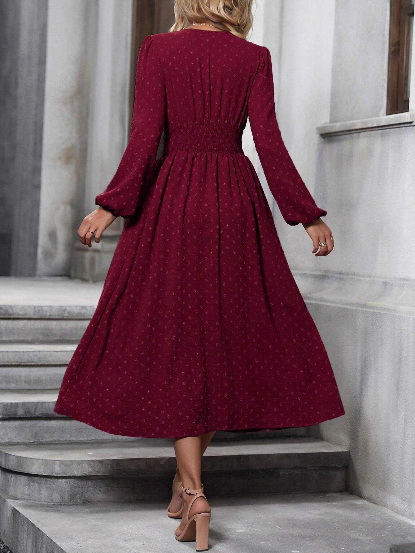 Women Floral Balloon Sleeve Spring/Fall Dress V Neck Long Sleeve A-Line Dress