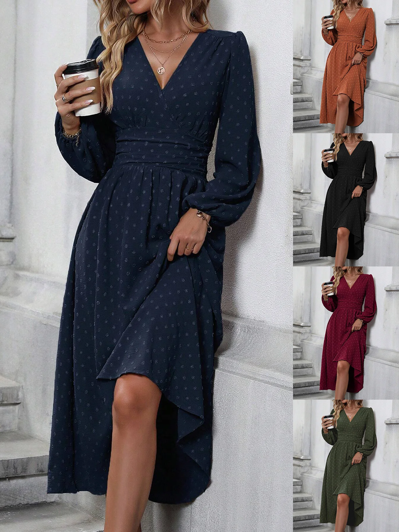 Women Floral Balloon Sleeve Spring/Fall Dress V Neck Long Sleeve A-Line Dress