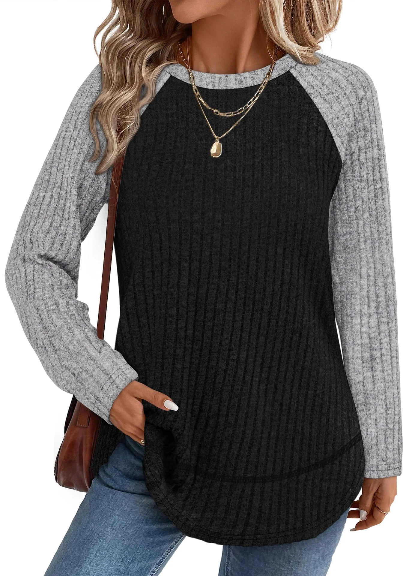 Casual Color Block Crew Neck Long Sleeve T-shirt