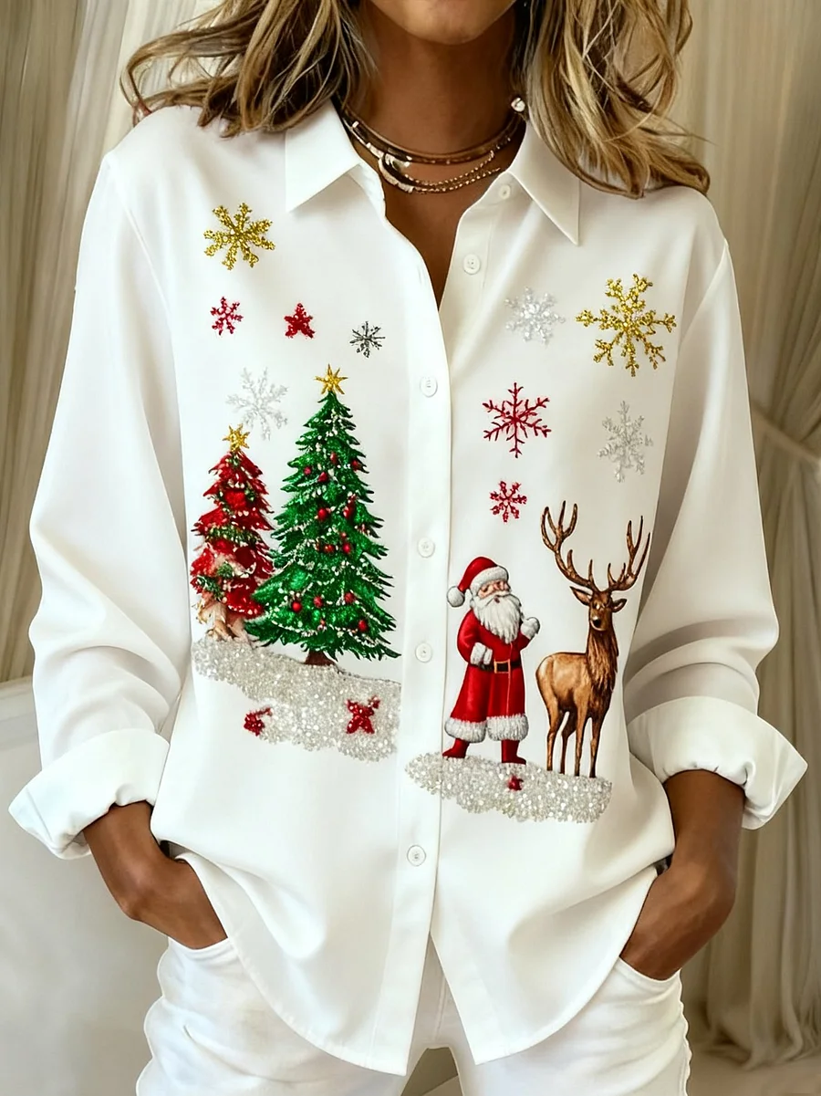 Shirt Collar Regular Sleeve Long Sleeve Santa Claus Buckle Regular Loose Button Up Shirt Shirt For Women