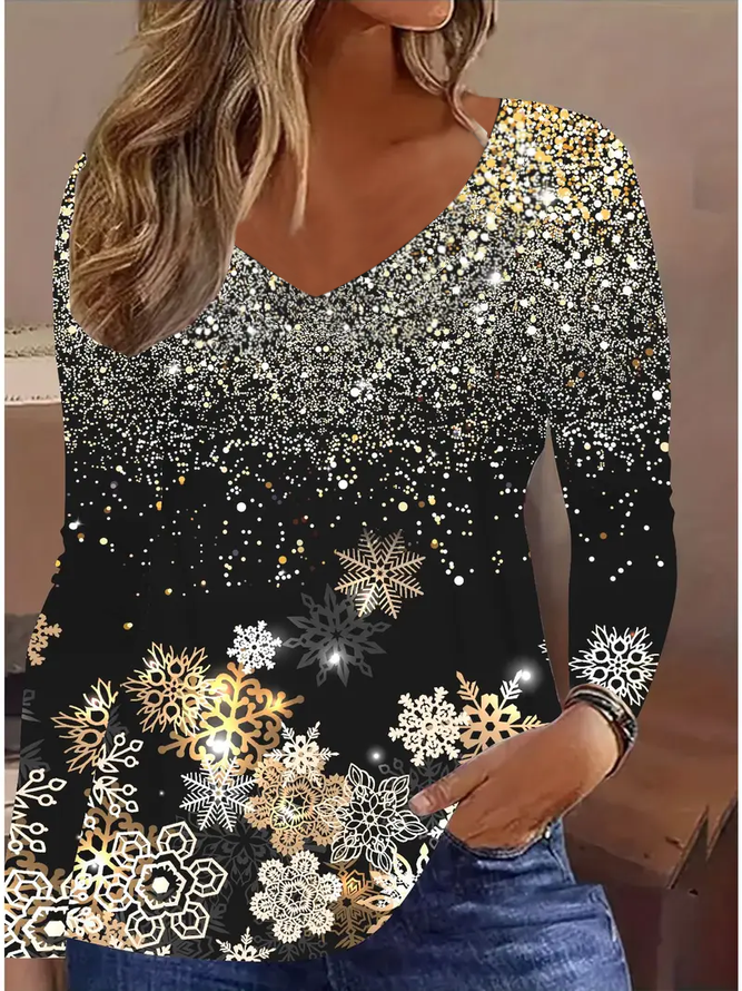 Casual Christmas V Neck Long Sleeve T-shirt