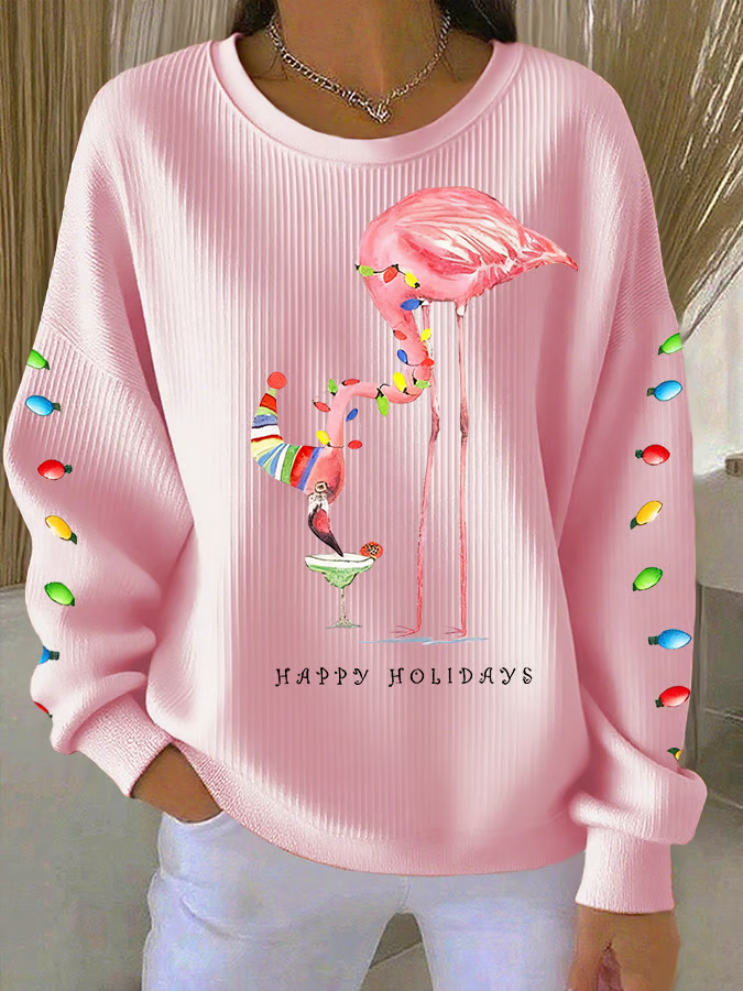 Casual Crew Neck Flamingo Sweatshirt Printing