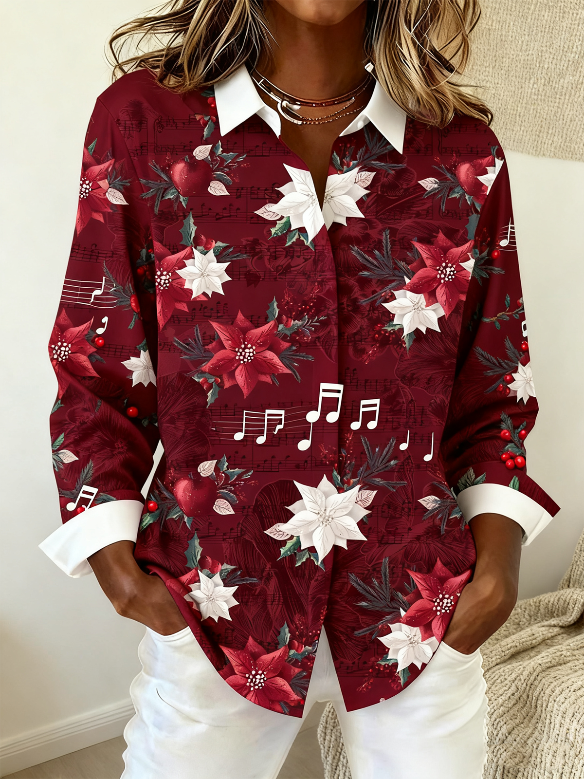 Shawl Collar Long Sleeve Christmas Regular Loose Shirt For Women