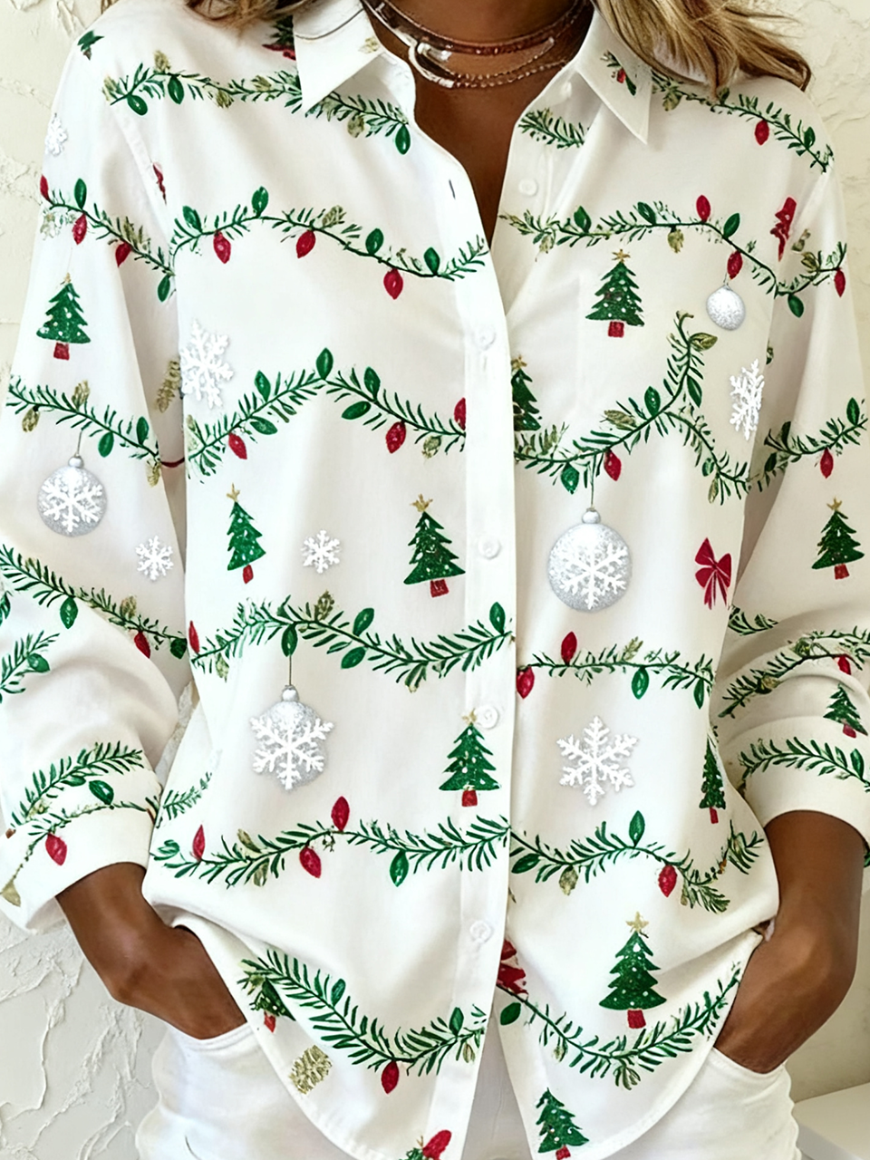 Shawl Collar Long Sleeve Christmas Regular Loose Shirt For Women
