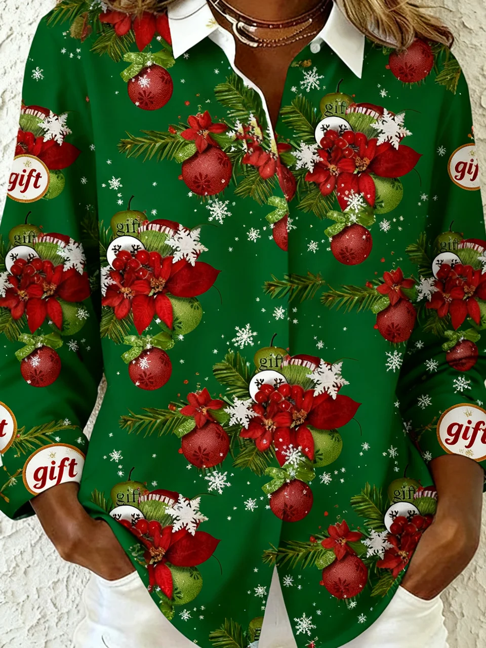 Shawl Collar Long Sleeve Christmas Regular Loose Shirt For Women