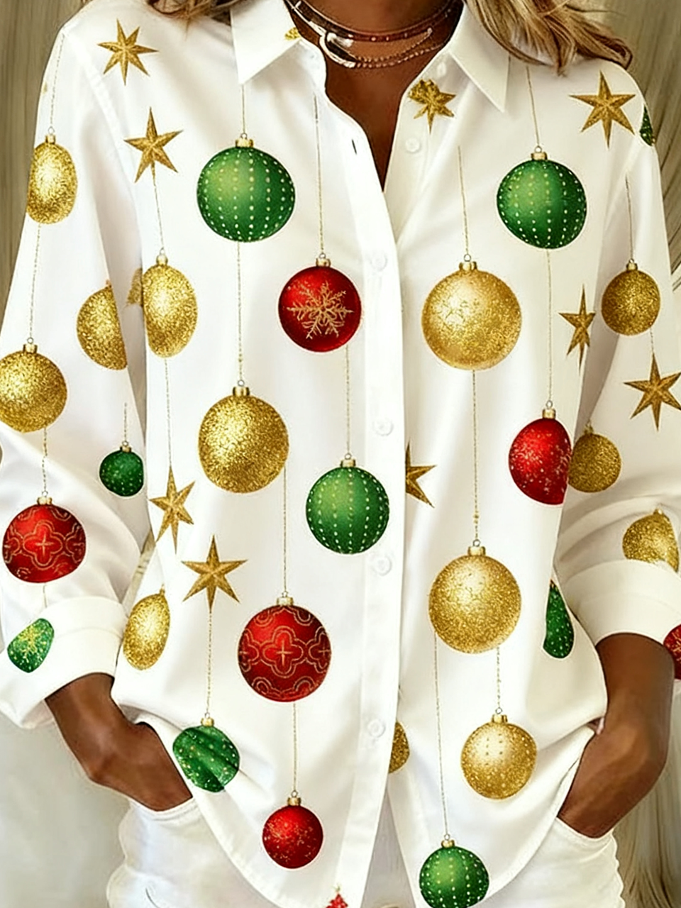 Shawl Collar Long Sleeve Christmas Regular Loose Shirt For Women