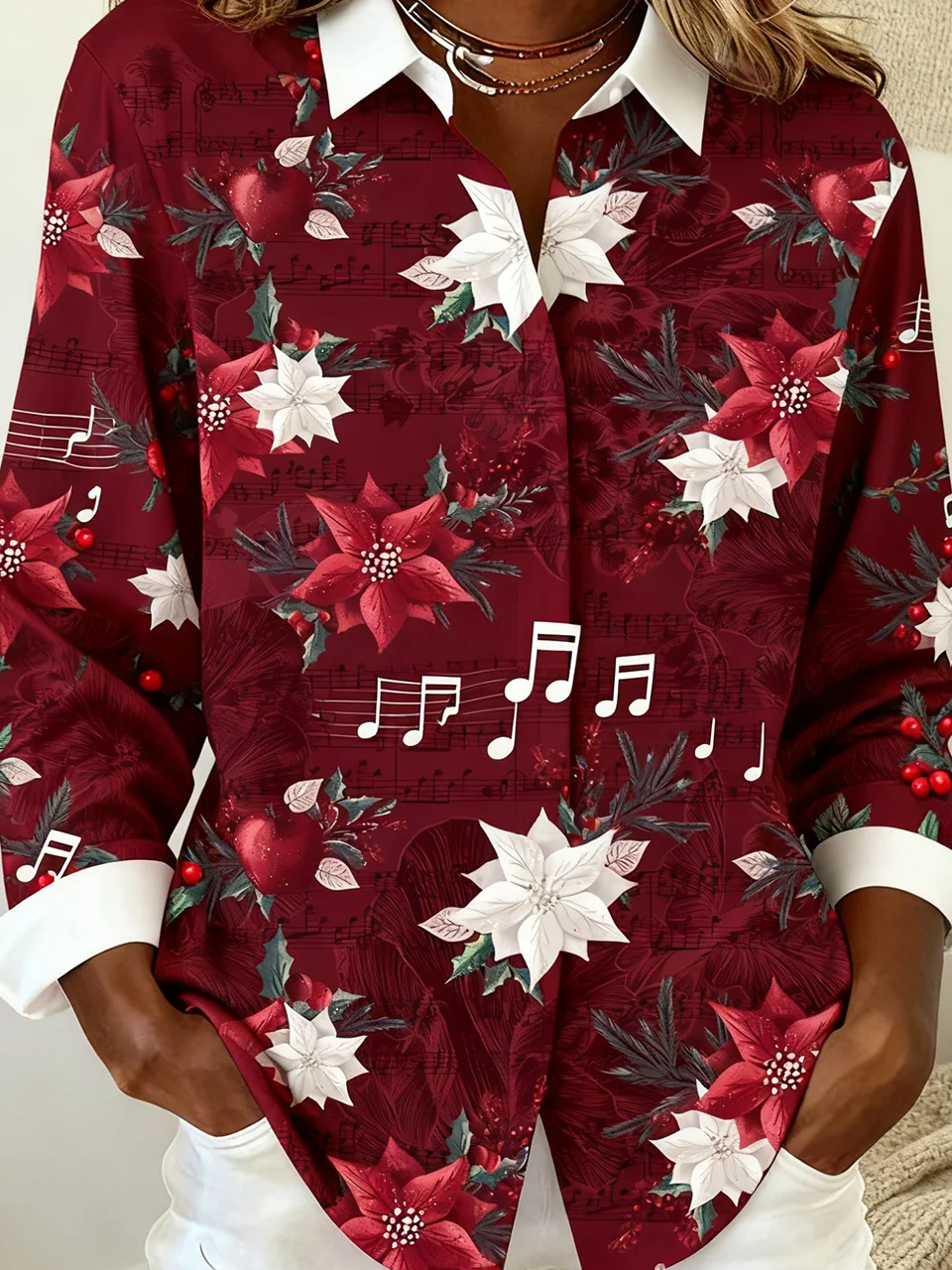 Shawl Collar Long Sleeve Christmas Regular Loose Shirt For Women