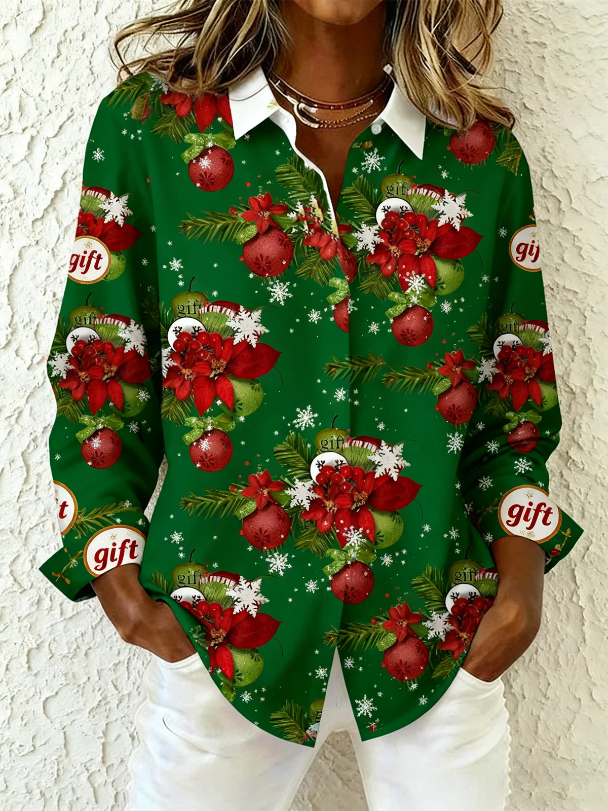 Shawl Collar Long Sleeve Christmas Regular Loose Shirt For Women