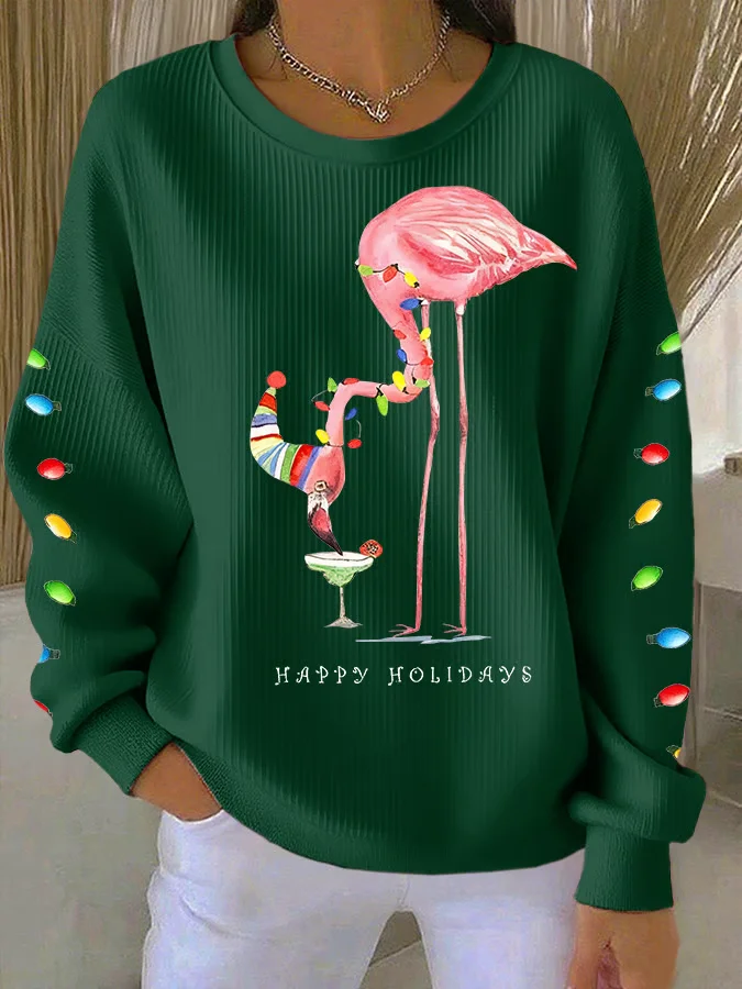 Casual Crew Neck Flamingo Sweatshirt Printing