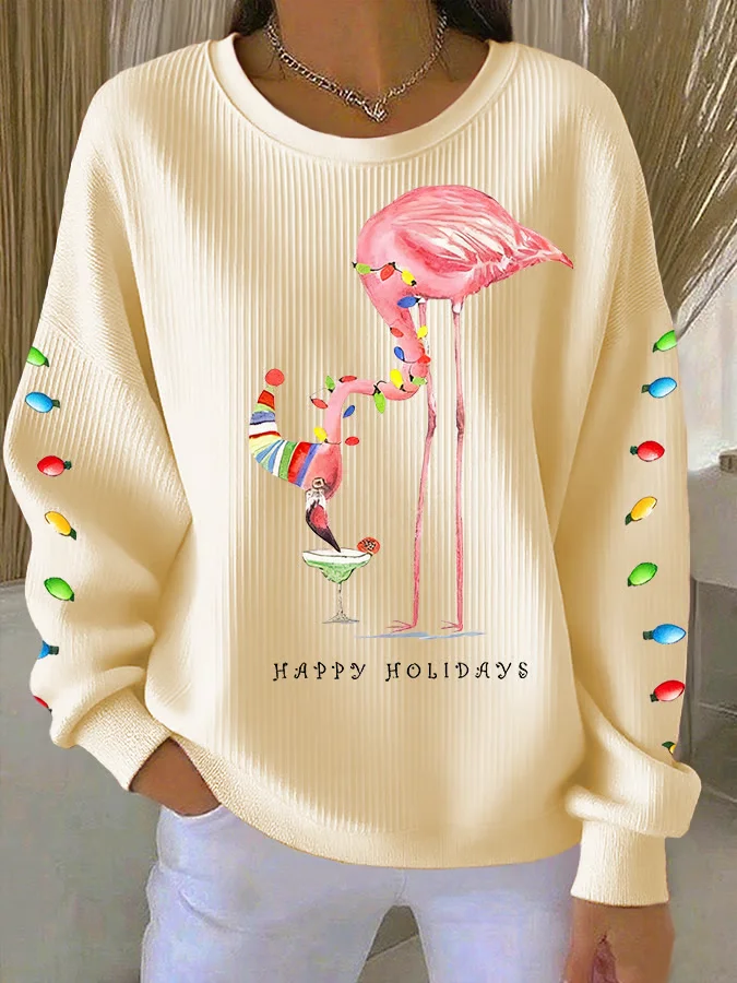 Casual Crew Neck Flamingo Sweatshirt Printing