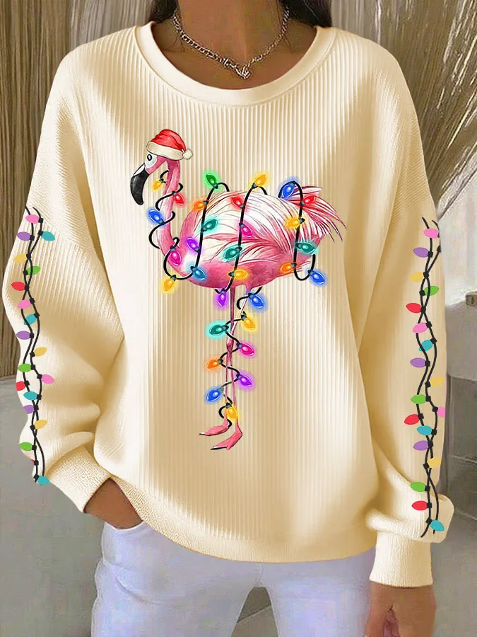 Casual Crew Neck Flamingo Sweatshirt Printing