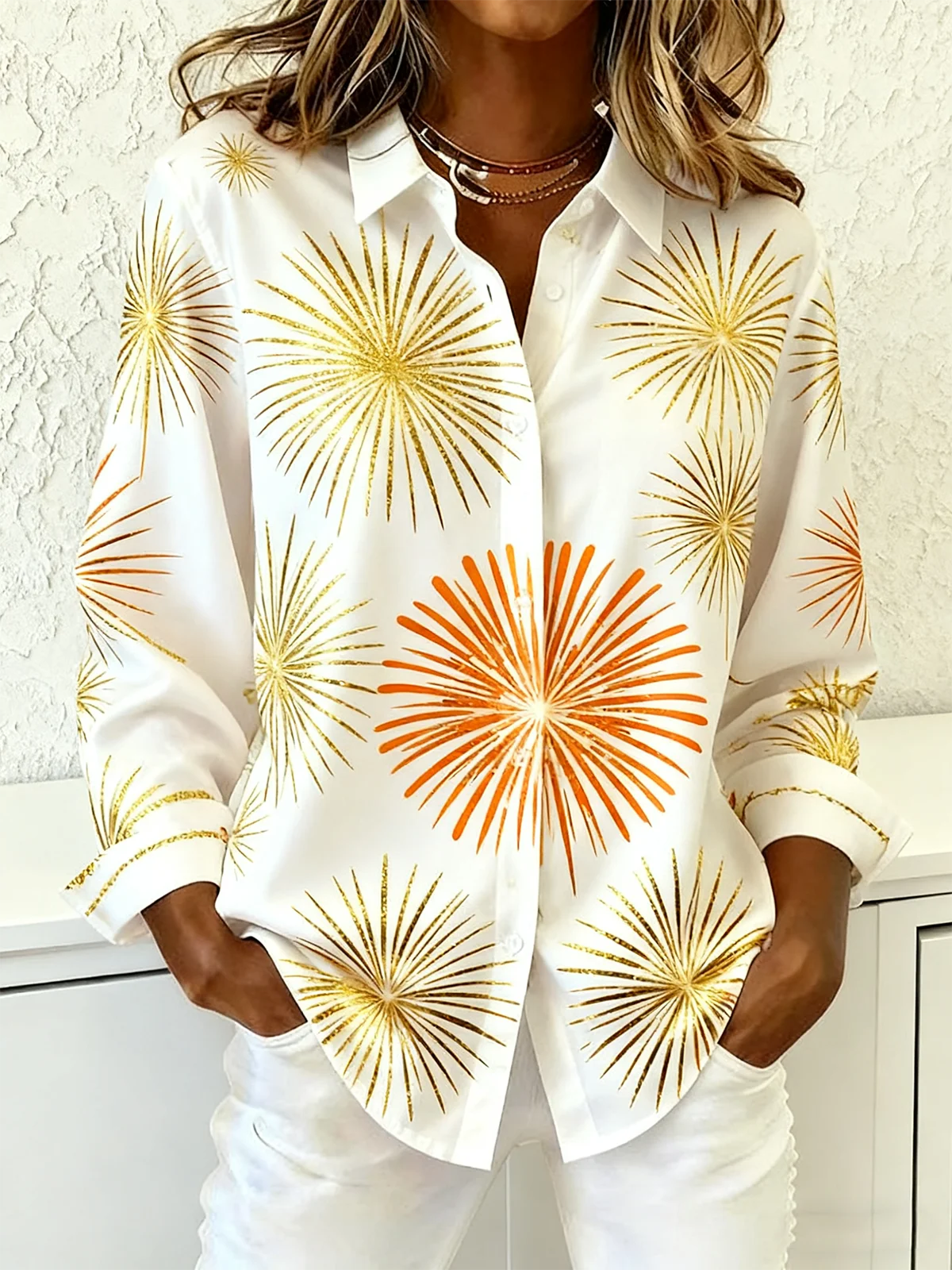 Shawl Collar Long Sleeve Christmas Regular Loose Shirt For Women