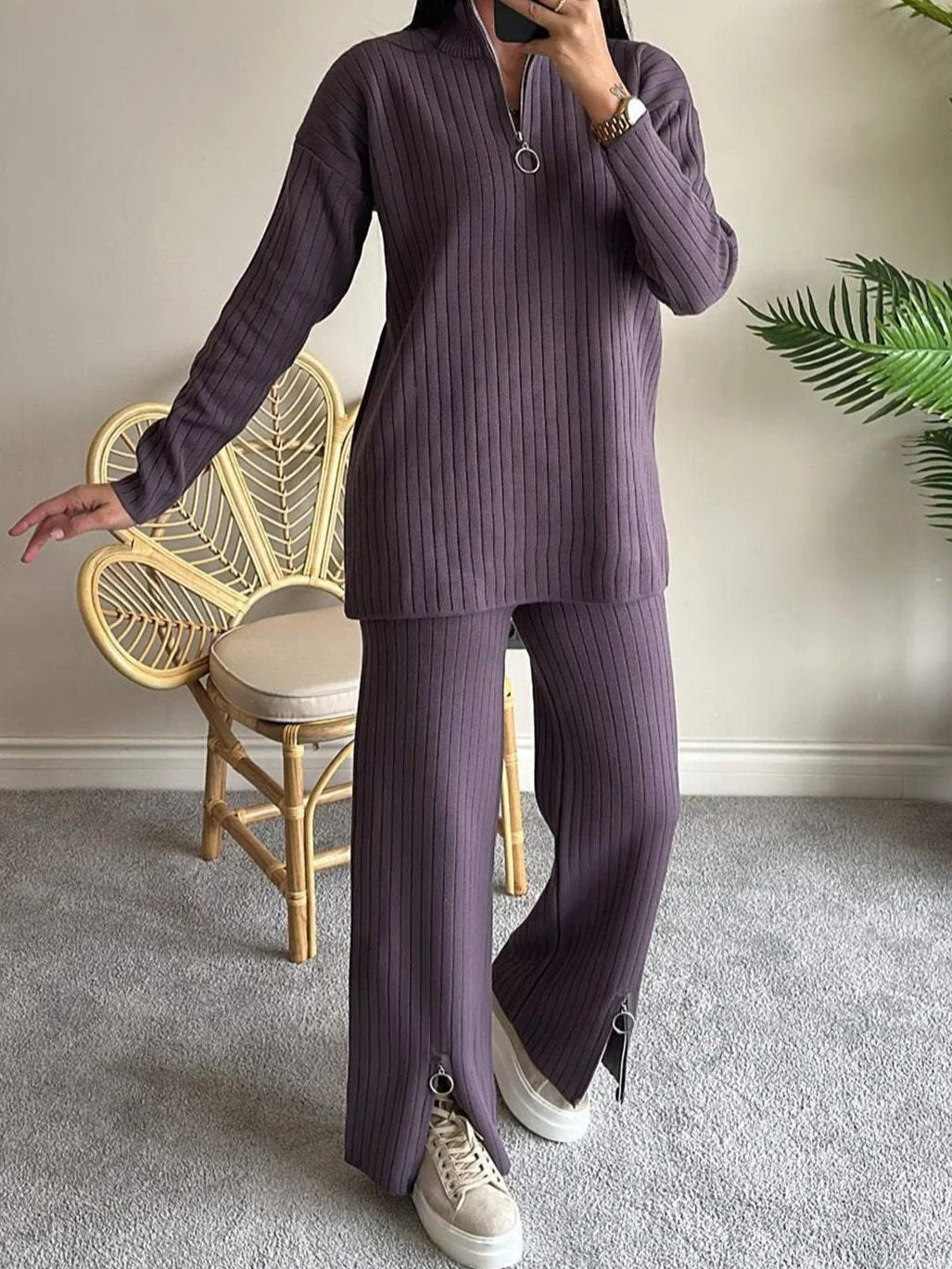 Women Plain Split Joint Two-Piece Set Daily Long Sleeve Casual Spring/Fall Top With Pants Matching Set