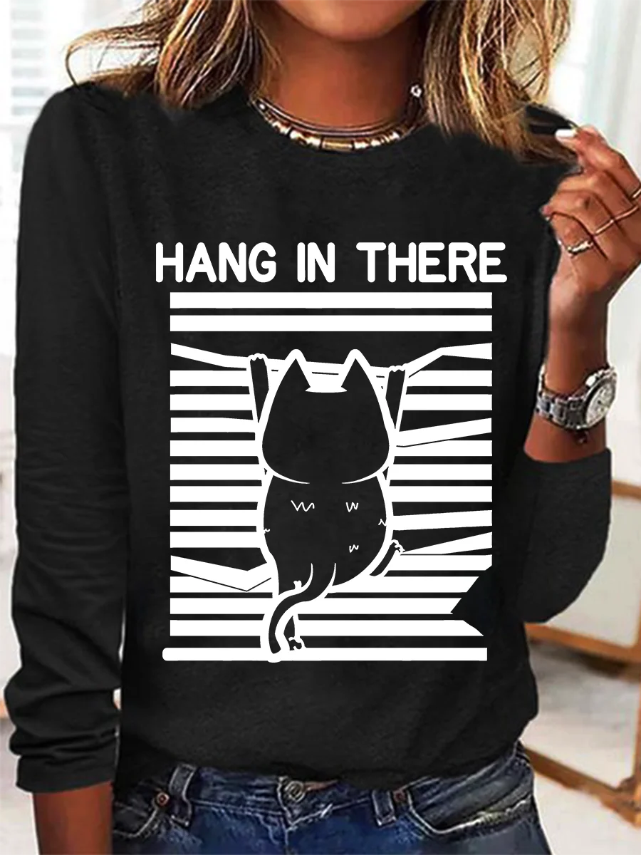 Casual Cat Crew Neck Long Sleeve T-shirt