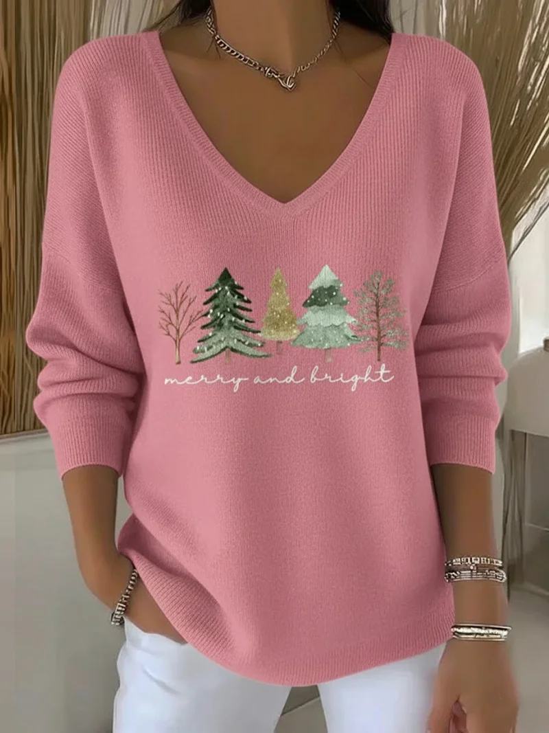 Casual Christmas V Neck Long Sleeve T-shirt