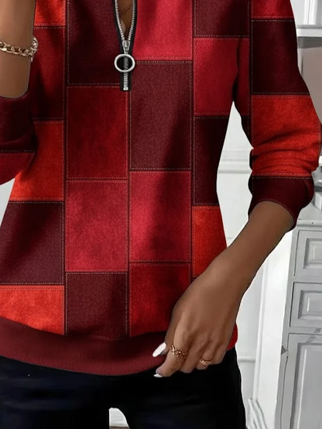 Casual Crew Neck Abstract Plaid Sweatshirt Printing
