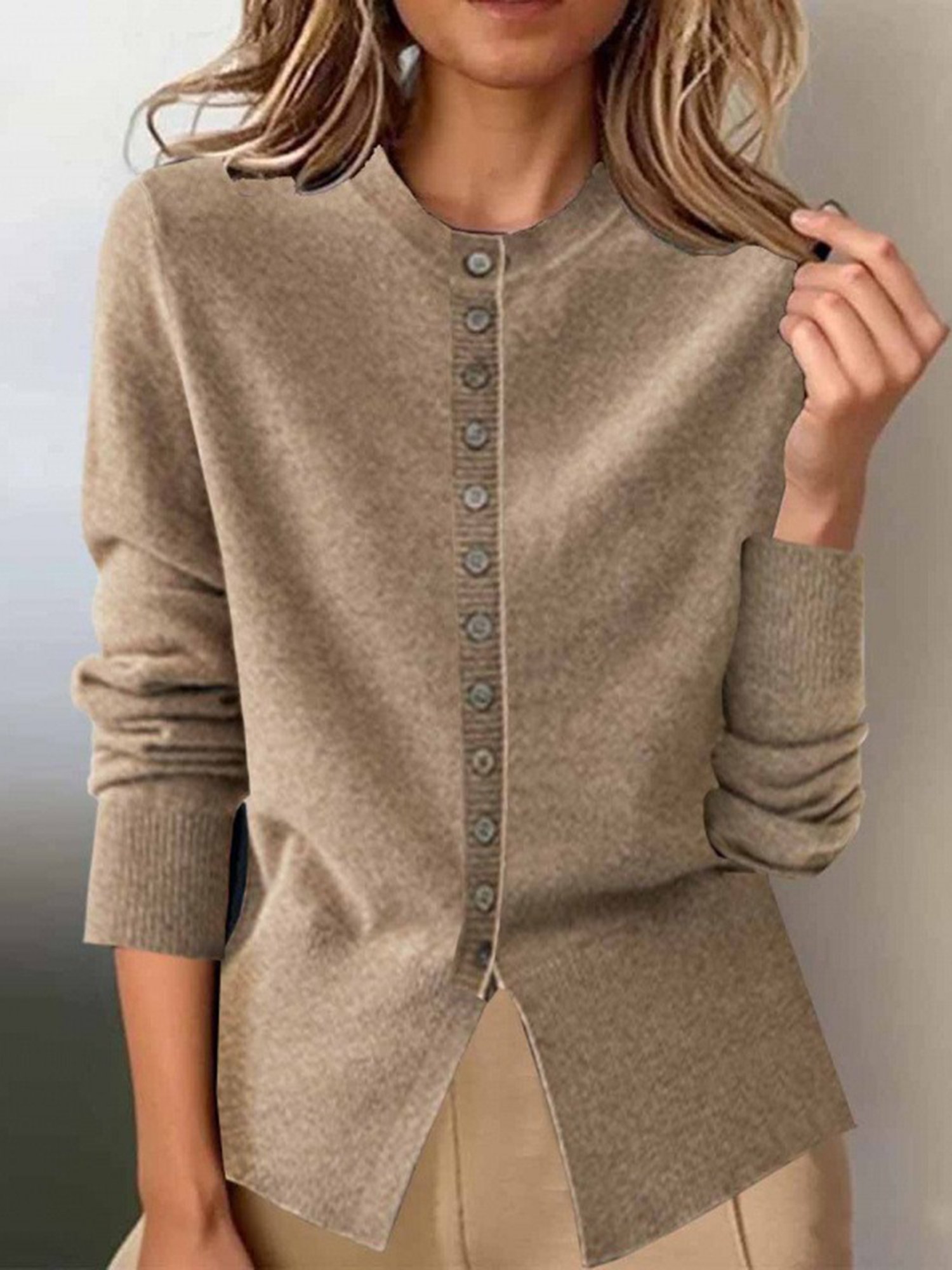 Women Plain Long Sleeve Comfy Urban Buttoned Sweater