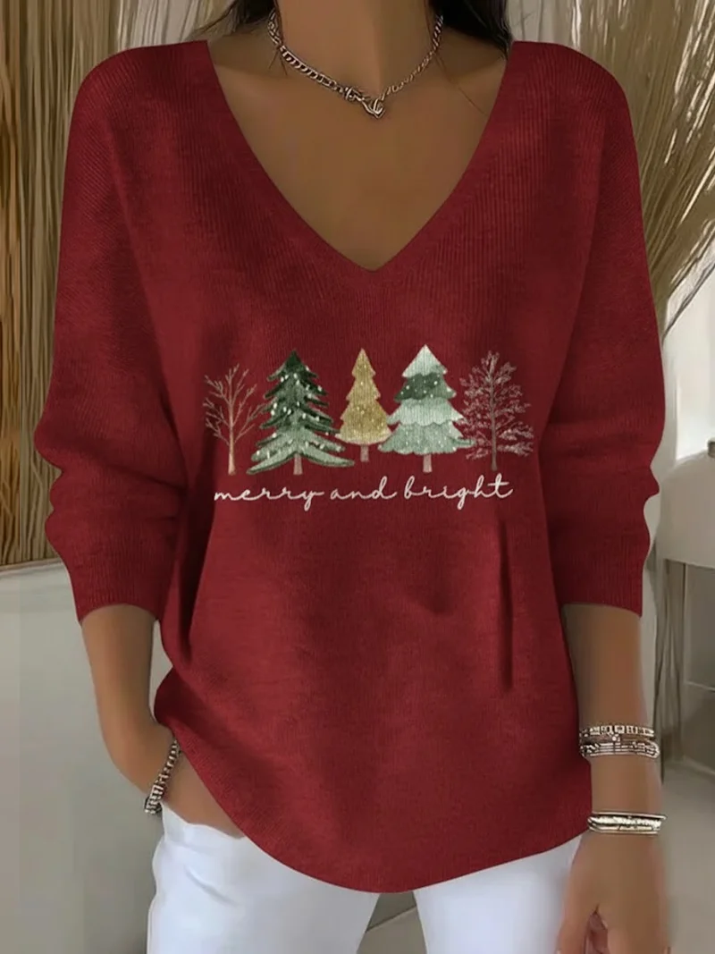 Casual Christmas V Neck Long Sleeve T-shirt