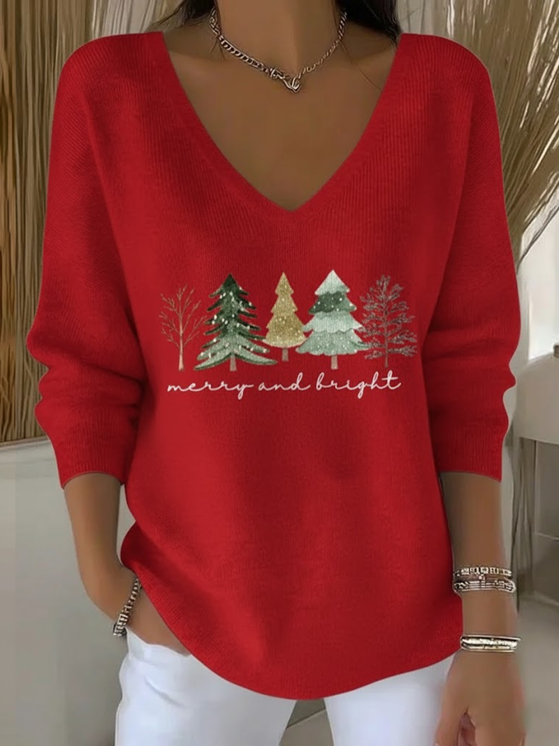 Casual Christmas V Neck Long Sleeve T-shirt