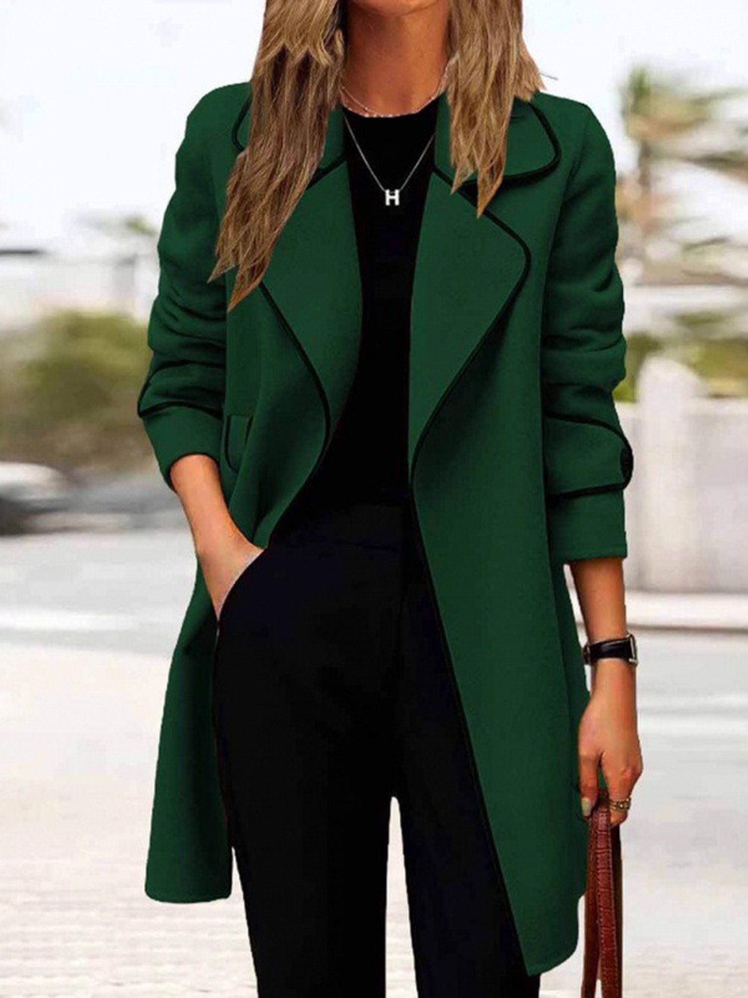 Women Winter Outerwear Urban Color Block Long Sleeve Lapel Collar Jacket