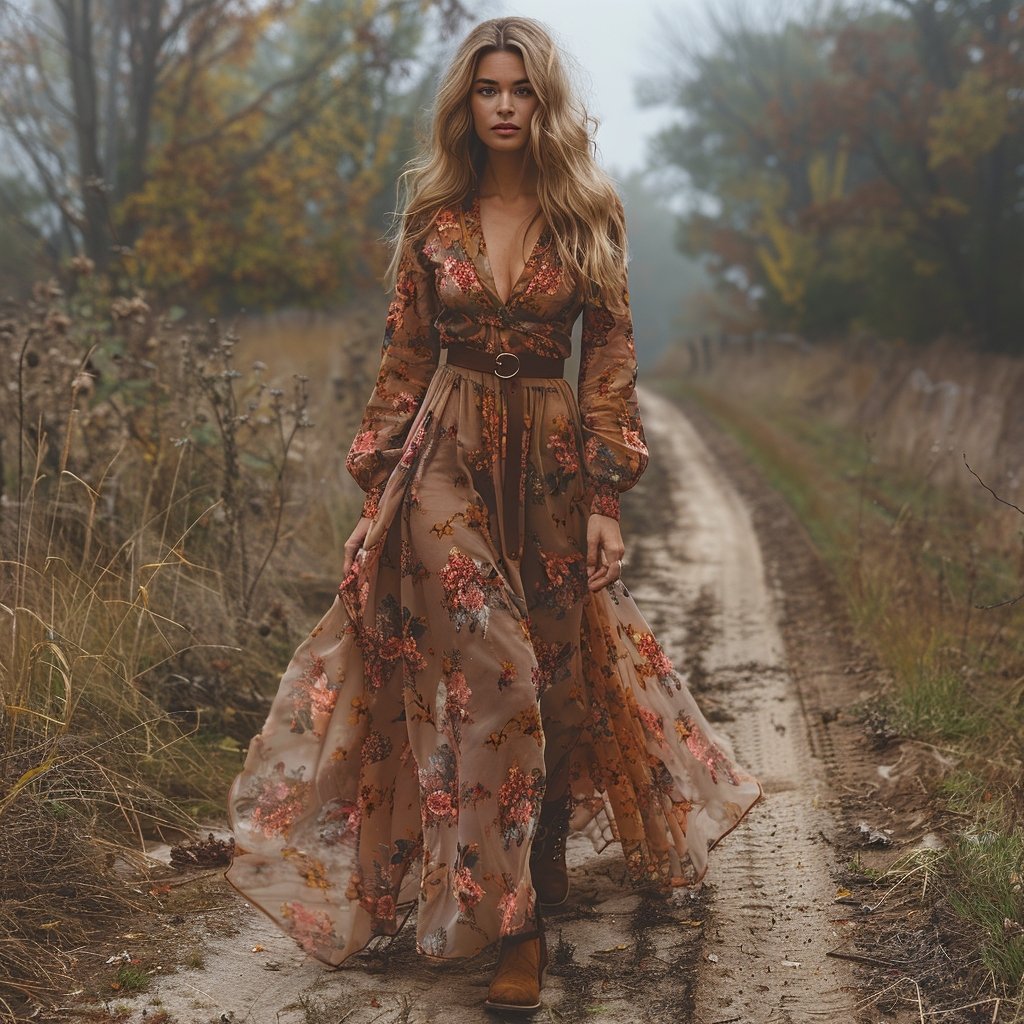 Women Floral Spring/Fall Dress V Neck Long Sleeve H-Line Dress