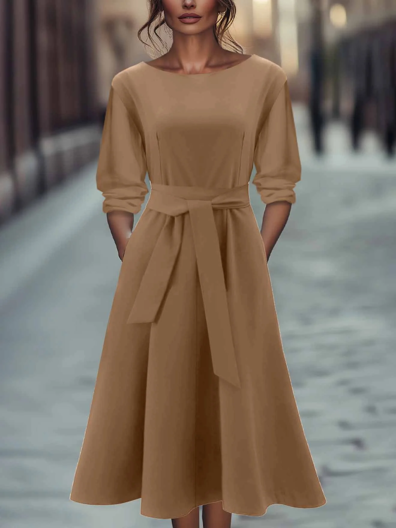 Women Plain Spring/Fall Dress Crew Neck Long Sleeve A-Line Dress