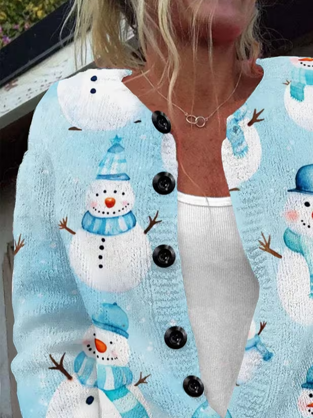 Women Christmas Snowman Long Sleeve Comfy Vintage Printing Cardigan