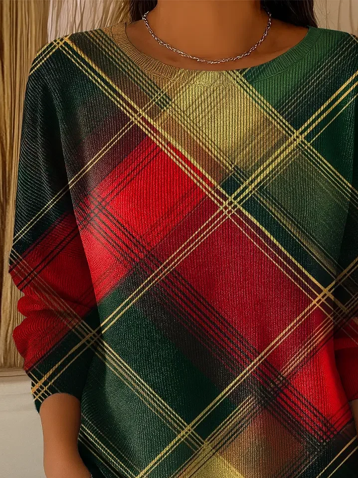 Women Plaid Long Sleeve Comfy Casual Printing Sweater