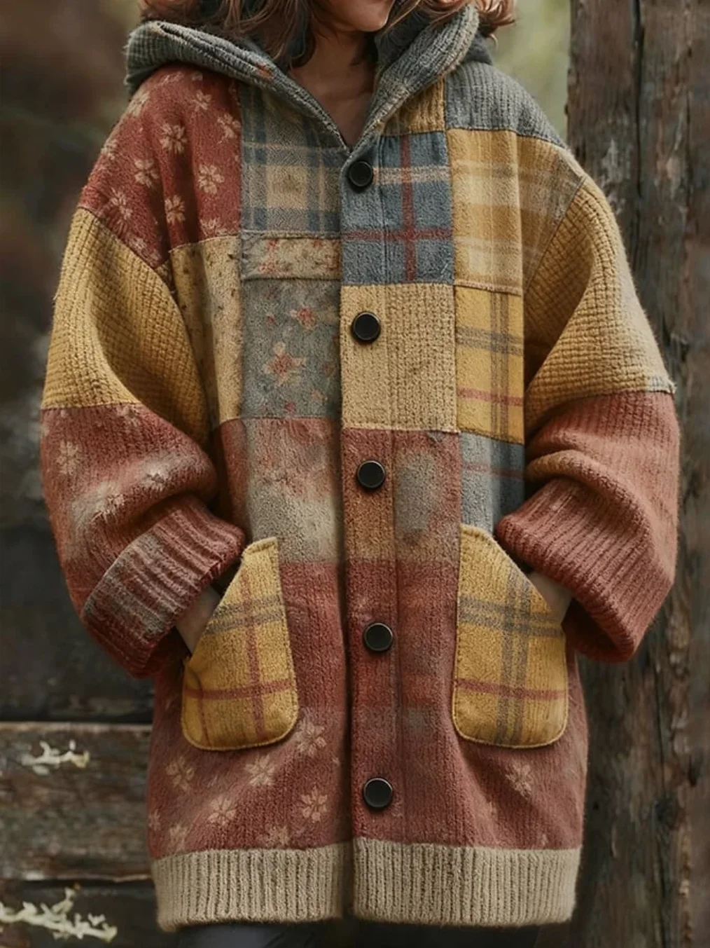 Women Wool/Knitting Geometric Long Sleeve Comfy Vintage Cardigan