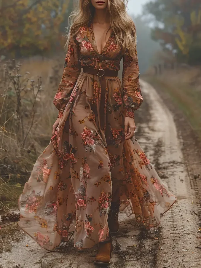 Women Floral Spring/Fall Dress V Neck Long Sleeve H-Line Dress