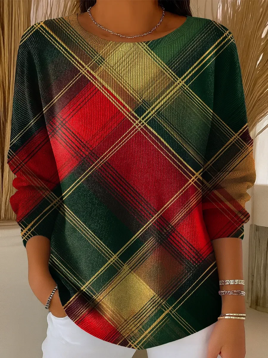 Women Plaid Long Sleeve Comfy Casual Printing Sweater