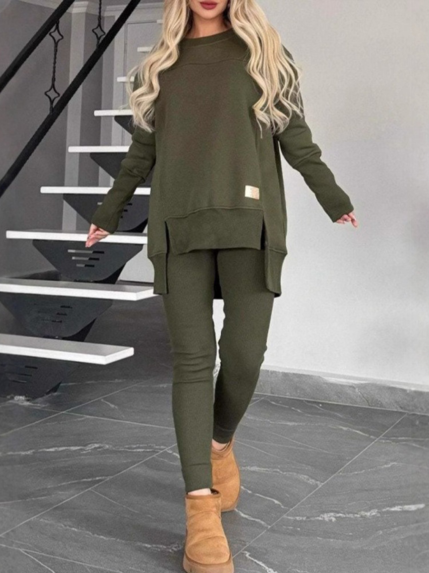 Women Plain Beaded Two-Piece Set Daily Long Sleeve Casual Spring/Fall Top With Pants Matching Set