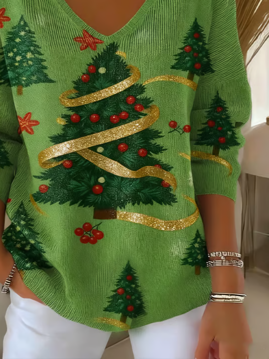 Casual Christmas V Neck Long Sleeve T-shirt